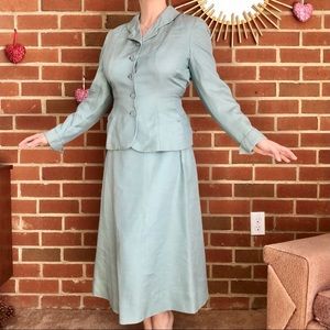 Vintage 50's Aqua Blue Silk Pinup Skirt Suit Set